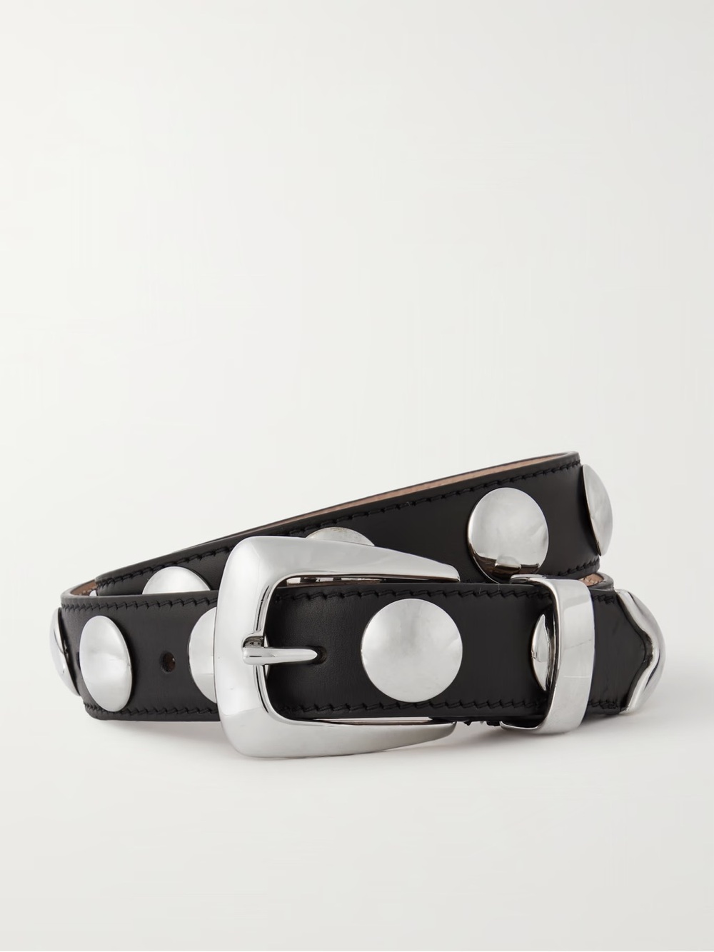KHAITE Black Leather Belt with Oversized Silver Studs